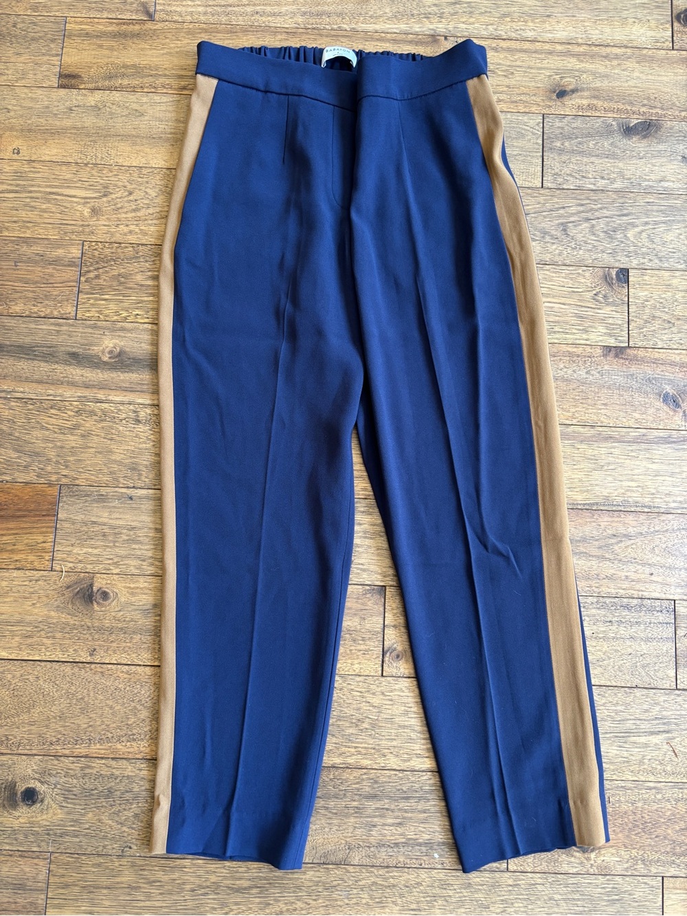 Aritzia Babaton Navy Pull On Tuxedo Stripe Cropped Pants Size 4 Japanese Crepe